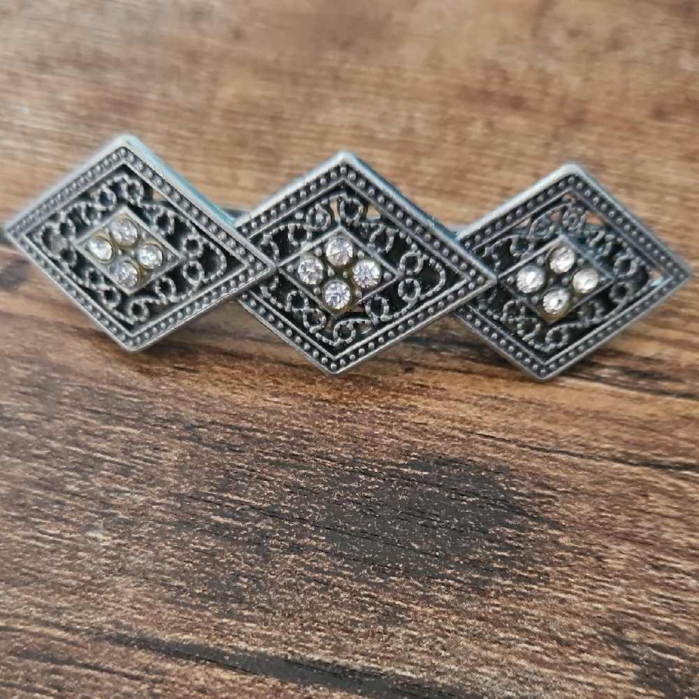 Silver Geometric Brooch with Rhinestones